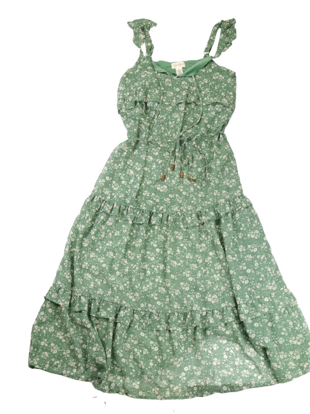 Jessica Simpson Green Floral Tiered Maxi Dress Small Cottagecore Boho Ruffle